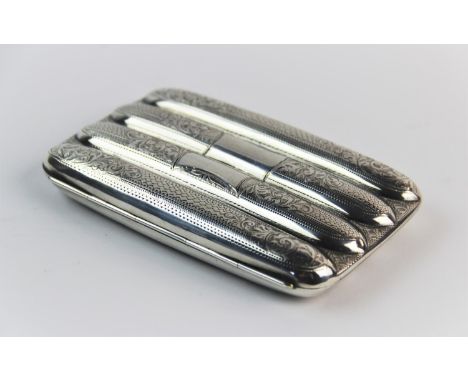 A George V silver cigar case, Joseph Gloster Ltd, Birmingham 1911, of typical form decorated with engine turned and scrolling