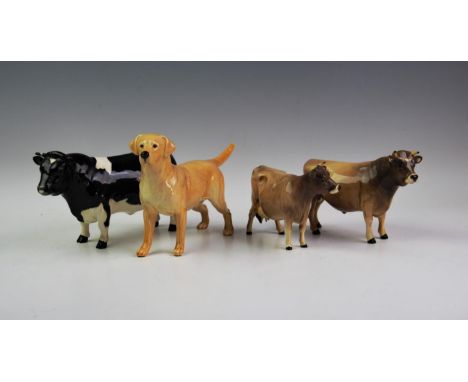 A Beswick Jersey bull and cow, the bull marked 'CH Dunsley Coy Boy', model No. 1422, the cow marked 'CH Newton Tinkle', model