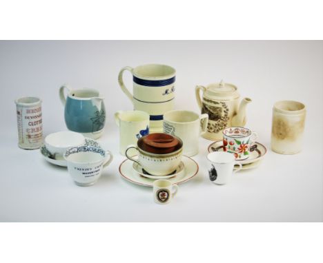 A large George III pearlware mug, early 19th century, the mug of cylindrical form with flared foot and applied loop handle, d