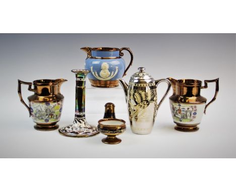 A Gray's Pottery Art Deco silver lustre coffee pot of small proportions, decorated with exotic birds and floral motifs, 20cm 