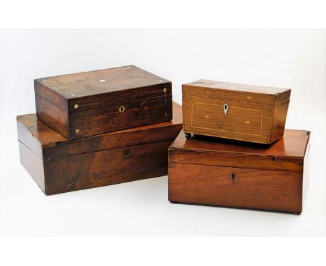 A 19th century mahogany stationery box, 40cm wide, a Victorian rosewood sewing box, with removable tray, 27cm wide, a George 