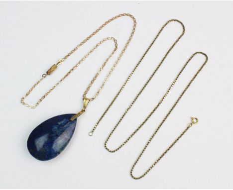A sodalite pendant, teardrop-shaped polished sodalite measuring 52mm x 30mm, set to a yellow metal pendant bail stamped '9ct'
