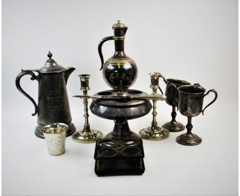 A selection of silver plated wares, to include, a pair of Georgian style silver candlesticks, with knopped stems and tapering