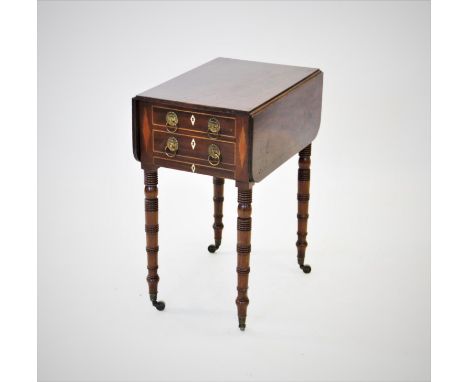A George III mahogany work table, circa 1800, the rectangular drop leaf top with ebony inlay above a pair of drawers, each ap