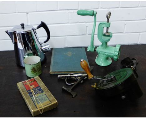 A carton containing a collection of vintage kitchenalia to include an electric kettle circa.1948, a 1930's marmalade cutter, 