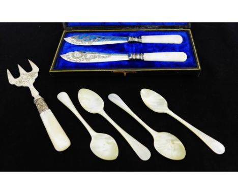 A cased set of Epns and mother of pearl handled butter knives with Sheffield silver collars, together with a mother of pearl 