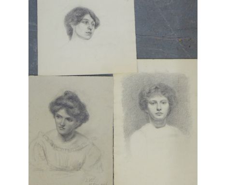 A group of three pencil sketch portrait drawings, unframed, largest 28 x 38cm, (3) 