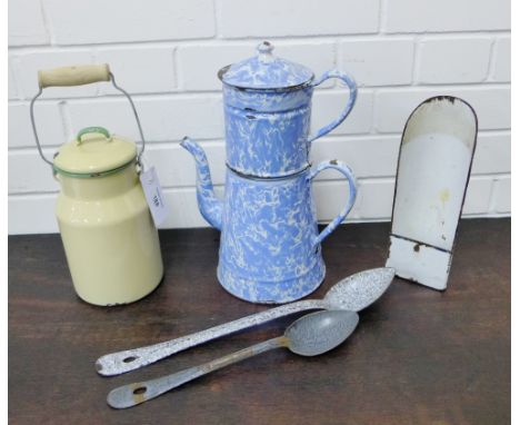 A collection of vintage enamel kitchenalia to include a coffee pot, storage jar and cover, spoons and a candle box (5) 