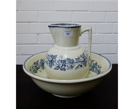 A Staffordshire jug and basin with transfer printed leaf pattern, (2) 