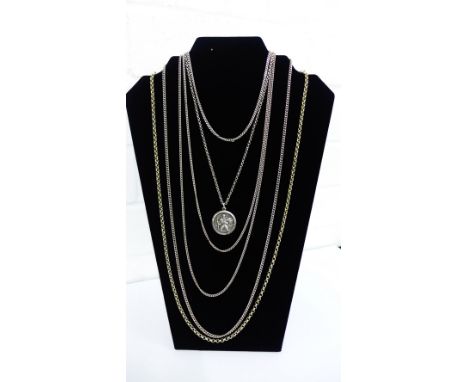 A collection of five silver chains together with a gilt metal chain and a silver St Christopher pendant (a lot) 