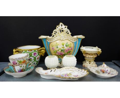 A mixed lot of continental porcelains to include Dresden dish, inkwell, cups and saucers, a Sevres style planter with gilt Ra