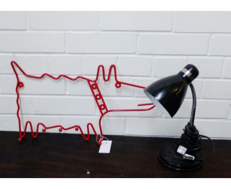 A novelty red painted metal coat hook in the form of a dog, together with a black angle poise lamp, (2) 