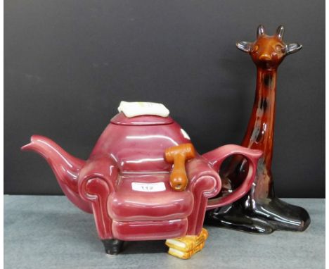 A Shineside tea pottery novelty teapot, modelled by Judith Hartley, 'Auctioneer' modelled as a chair and gavel, together with