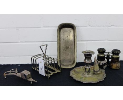 A collection of Epns wares to include a toast rack, chamber candlestick, and a pair of binoculars, etc (a lot) 