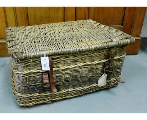 A vintage wicker basket with leather straps, 65 x 50cm 