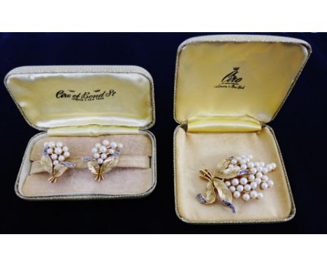 Vintage Trifari gilt metal, paste and faux pearl brooch and matching earrings, contained in Ciro Bond Street boxes (2) 