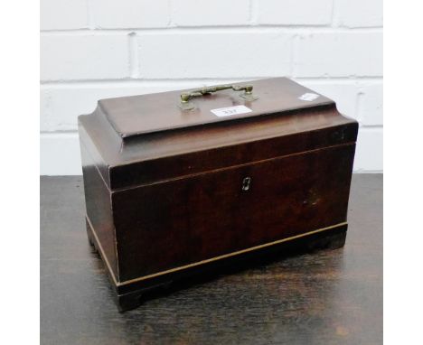 A 19th century mahogany tea caddy, the hinged lid opening to reveal three divisions, on bracket feet, 27 x 18cm 