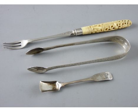 TWO ITEMS OF DUBLIN SILVER and an ivory handled pickle fork, to include a pair of early 19th Century bright cut sugar tongs (