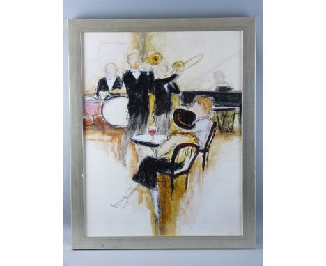 DUPRE coloured print - two figures seated in a cafe being entertained by a pianist and three bandsmen, 70 x 54 cms