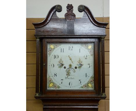 A CIRCA 1820 OAK LONGCASE CLOCK by W Rossland, Pwllheli, the 14 ins square painted dial with subsidiary seconds and date aper