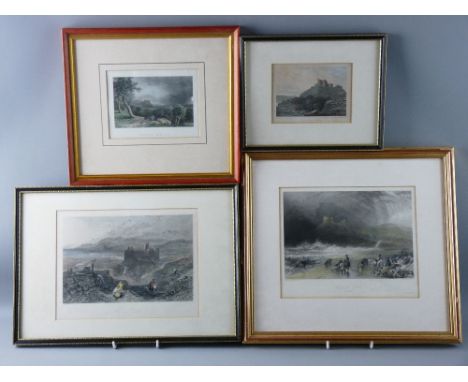 A COLOURED ENGRAVING AFTER J M W TURNER - Harlech Castle, 20 x 26 cms, one of 'Crickieth Castle' after TURNER, 20 x 25 cms, a