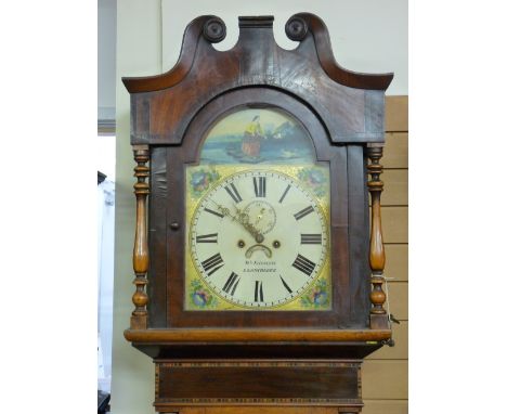 A VICTORIAN CROSSBANDED MAHOGANY LONGCASE CLOCK by William Edwards, Llanidloes, the painted arched top dial set with Roman nu