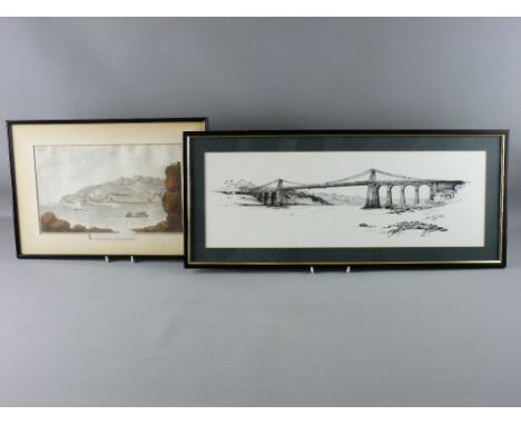 A COLOURED 19th CENTURY LITHOGRAPH - 'View of Bangor Ferry, North Wales', 20 x 33 cms and a black and white print - Menai Sus