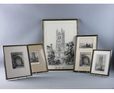 A BLACK & WHITE PRINT - St Giles Church, Wrexham, 50 x 35 cms and five coloured engravings - Bangor Cathedral (three), Llanda