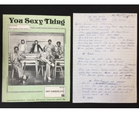 ERROL BROWN HOT CHOCOLATE - handwritten lyrics by Errol Brown of Hot Chocolate for 'You Sexy Thing' dedicated 'To Ginette' al