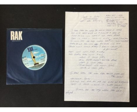 ERROL BROWN HOT CHOCOLATE - handwritten lyrics by Errol Brown of Hot Chocolate for 'Love is Life' including the accompanying 