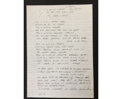 ERROL BROWN HOT CHOCOLATE - handwritten lyrics by Errol Brown of Hot Chocolate for 'A Child's Prayer' dedicated 'To Colette a