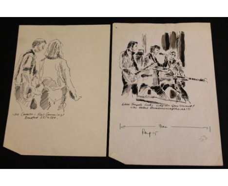 RAY LOWRY - 2 original drawings by cartoonist Ray Lowry (1944-2008) to include a hand drawn ink cartoon with tag line, 'Eddie