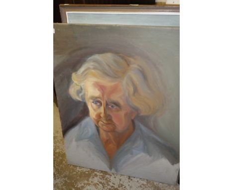 Pat Blake: A stylised oil on canvas portrait of a young woman with blond hair, together with three oil on canvas portraits of