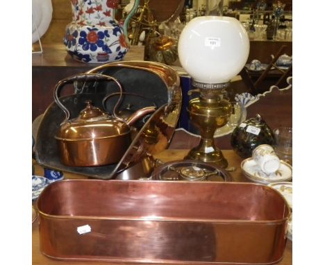 A Victorian copper helmet coal scuttle and similar items