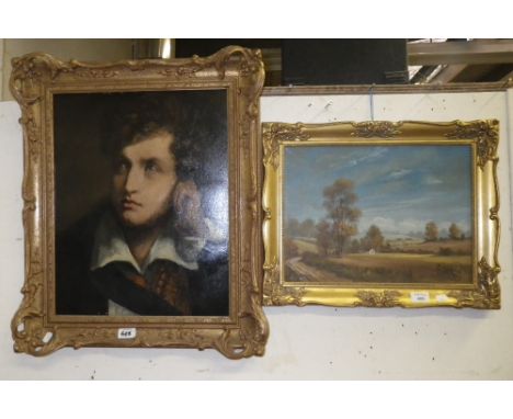 An oil on canvas portrait of Lord Byron in a gilt frame together with an oil on canvas landscape