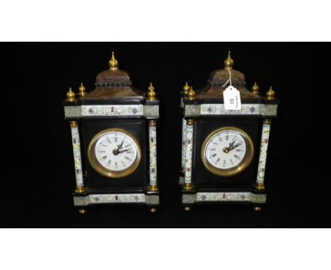A 19th century design mantel clock with cloisonné style pillars and panels and another similar (2)