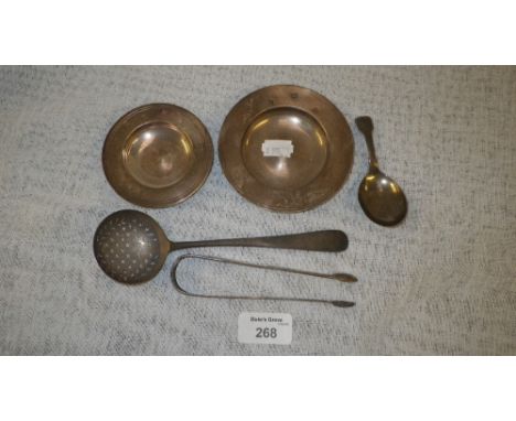 Two modern silver Armada type dishes and a quantity of other silverware including a George III silver caddy spoon 