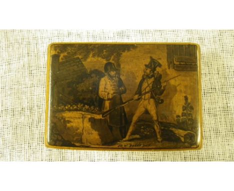 Napoleonic Interest: A Sycamore snuff box, decorated with a scene 'On n' passé pas', a British soldier blocking the path of N