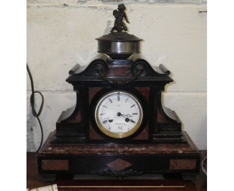A Victorian slate and marble mantel clock inscribed 'Rowell, Oxford' with presentation plaque, dated 1877