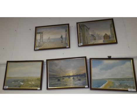 K R Williams: A series of oil on canvas board views of Corfe Castle, Chesil Beach and Weymouth etc