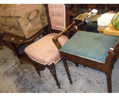 An oak occasional table, a Victorian walnut chair and an Edwardian piano stool