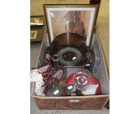 A 1950's oak-cased mantel clock and a quantity of glassware and similar items