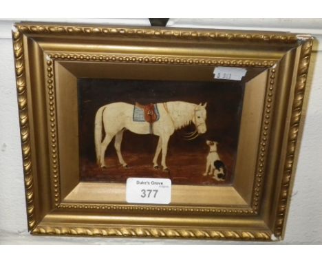 A small naive oil on panel painting of a horse and dog in a stable interior