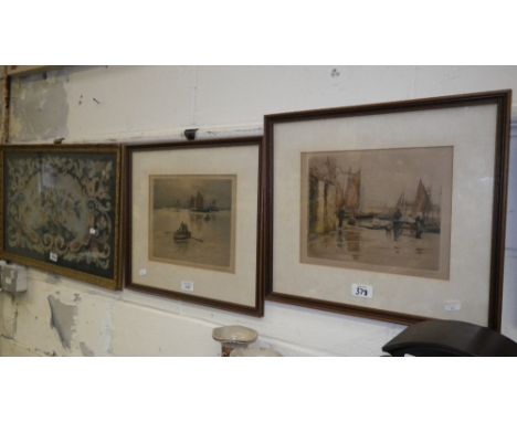 A pair of early 20th century etchings by Henry G Walker, together with a woolwork panel