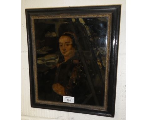 An 18th century glass print portrait of a young woman in original ebonised frame