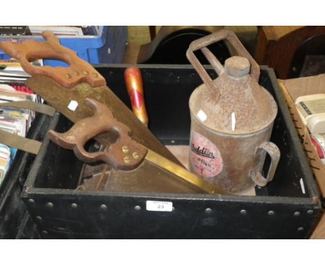 A brass backed Tenon saw, a collection of similar vintage tools and an Aladdin pink paraffin canister   