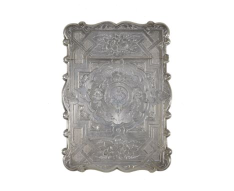 A Victorian silver parcel gilt shaped rectangular card case by  George Unite,   Birmingham 1872, engraved with strap-work, e