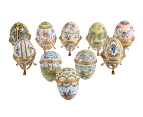  Ten Halcyon Days enamel Easter eggs,   1980 to 1989, each in its box; with some stands 