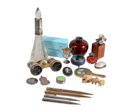  A collection of objects and small silver,   including: a Victorian silver mounted ruby glass smelling salts bottle, unmarked