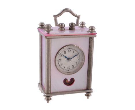 Ω A miniature nickel and mother of pearl carriage clock, no. 93017, silvered engine turned dial, black Arabic numerals, blued